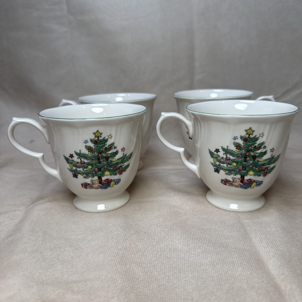 4 Vintage Nikko Japan Happy Holidays Scalloped Handle  Tea Cups Christmas DISC'D